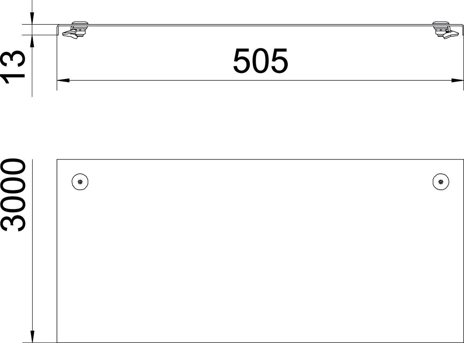 Rysunek techniczny prostokątnego obiektu o wymiarach 3000 x 505 mm i grubości 13 mm, przedstawiający punkty mocowania.