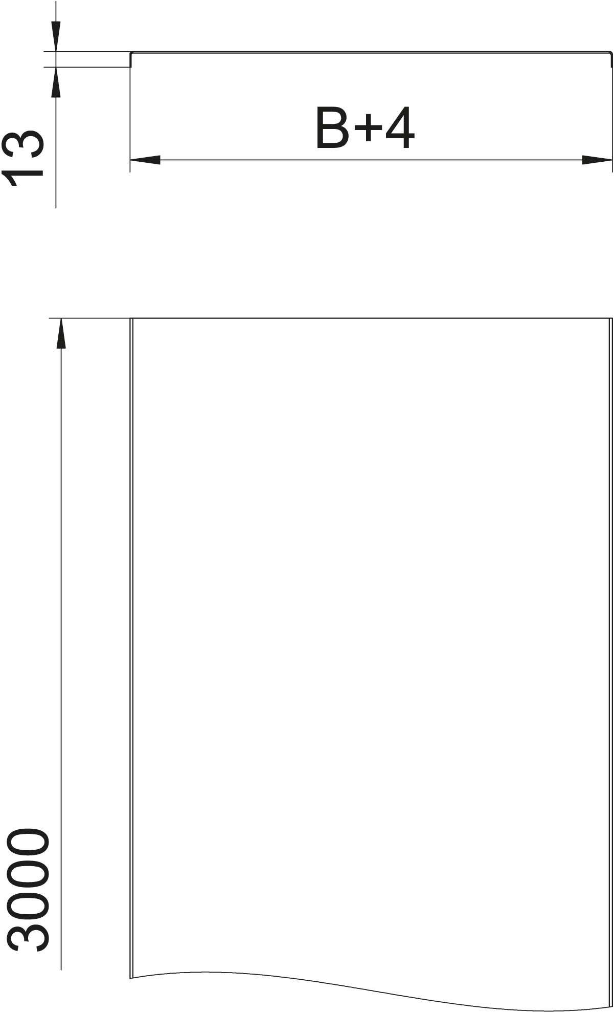 Rysunek techniczny prostokątnego obiektu. Wysokość: 3000 mm, szerokość: B+4 mm, odległość od górnej krawędzi: 13 mm.