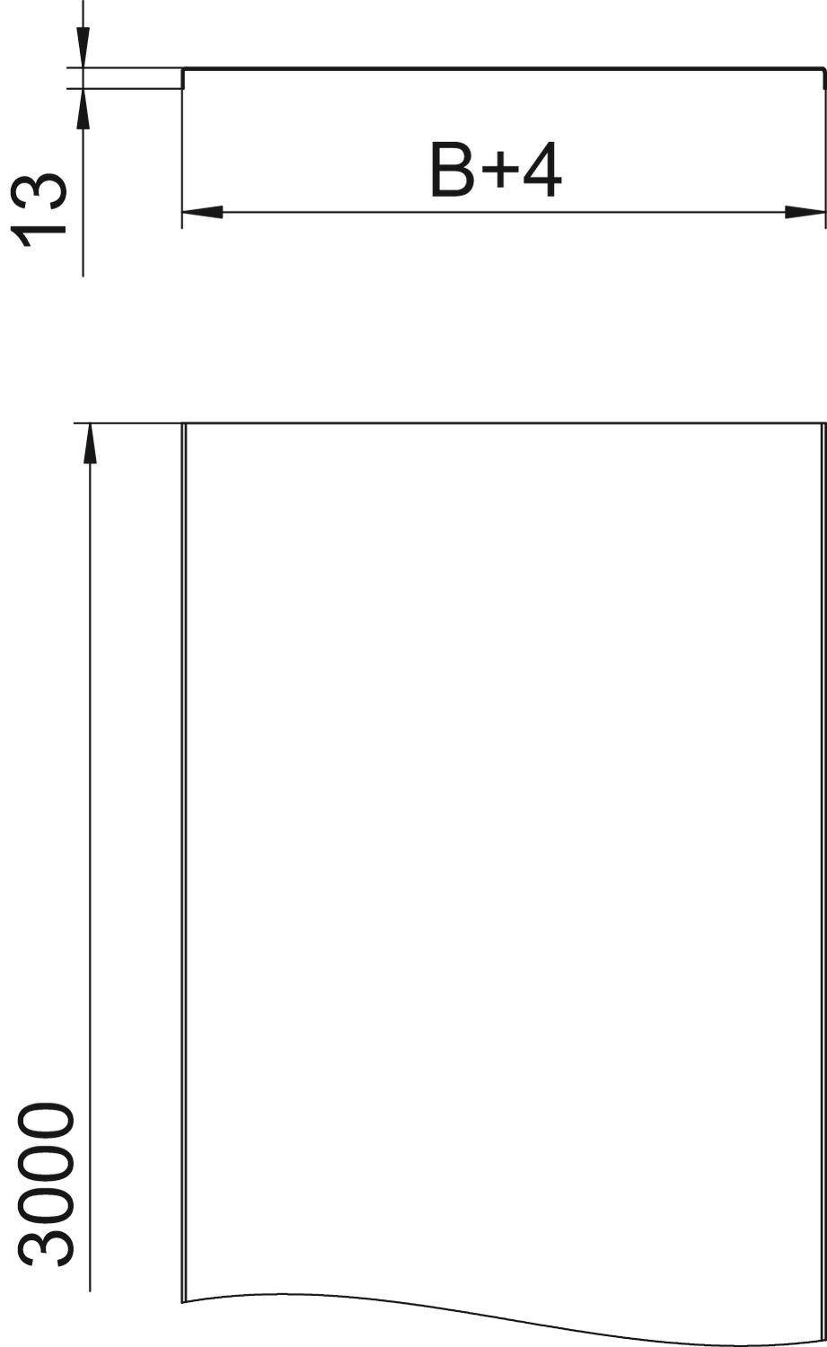 Rysunek techniczny prostokąta o długościach boków 'B+4' i '3000'. Wysokość '13' jest dodatkowo oznaczona.