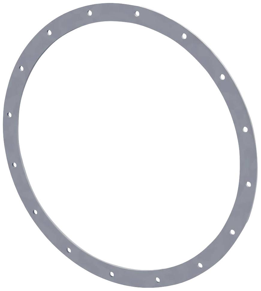 Duży, srebrny pierścień metalowy z otworami równomiernie rozmieszczonymi wzdłuż jego obwodu, na białym tle.