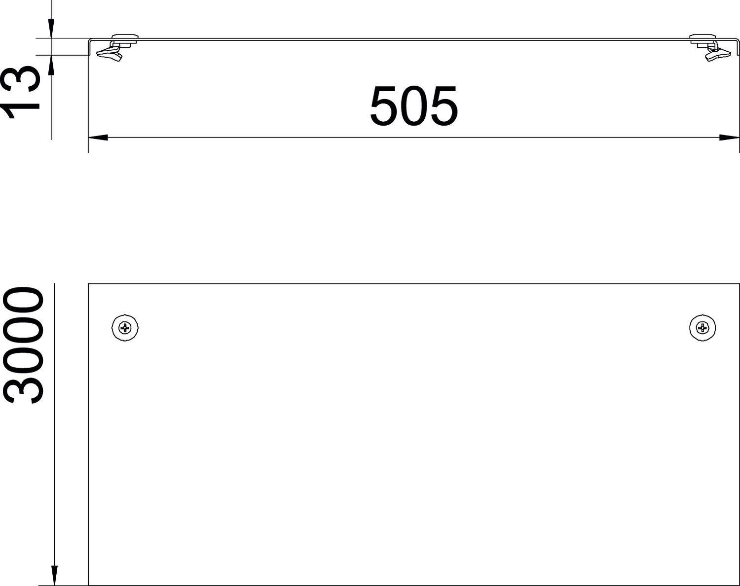 Rysunek techniczny prostokątnego elementu o wymiarach: długość 505 mm, wysokość 3000 mm, grubość 13 mm.