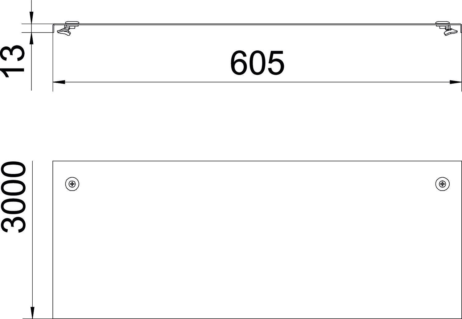 Rysunek techniczny prostokątnego elementu o wymiarach 605 mm szerokości i 3000 mm długości. Zawiera elementy mocujące.