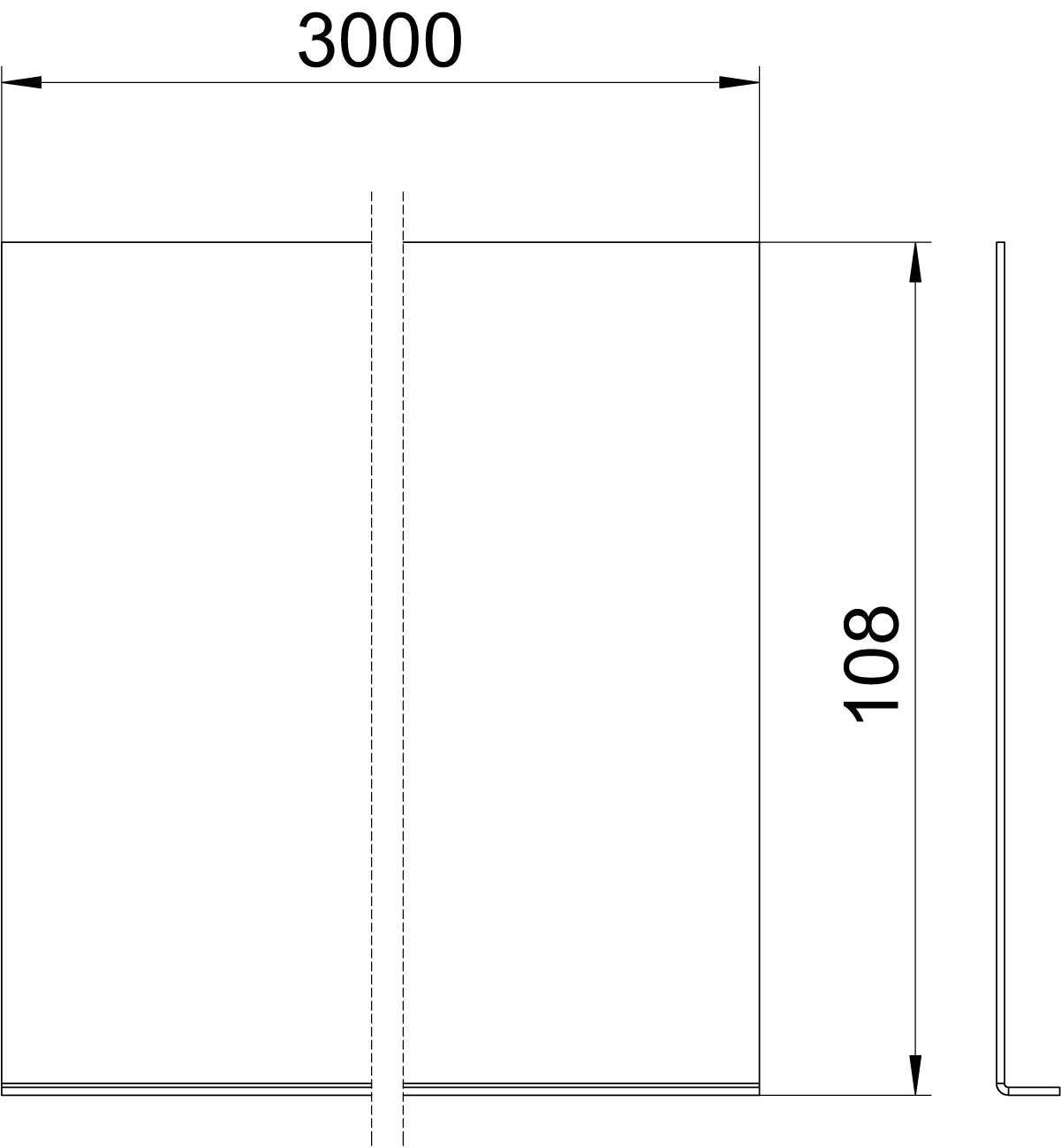 Plan techniczny płyty metalowej o wymiarach 3000 mm długości i 108 mm szerokości, widok z góry i widok z boku z oznaczeniami wymiarów.