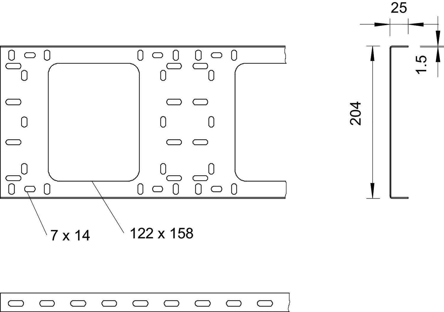 Rysunek techniczny profilu metalowego. Wymiary: długość 204 mm, szerokość 25 mm, grubość 1,5 mm. Wzór otworów: 7x14 oraz 122x158 mm.