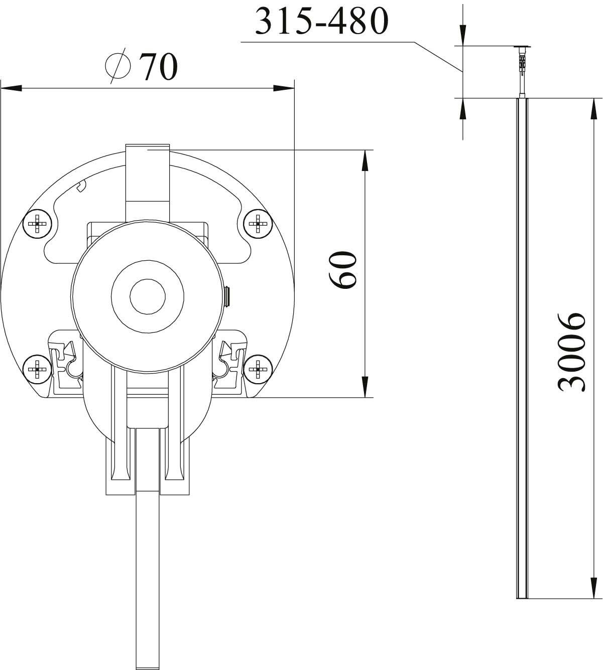 Rysunek techniczny elementu cylindrycznego. Średnica 70 mm, wysokość 3006 mm, zmienna szerokość montażowa 315-480 mm.