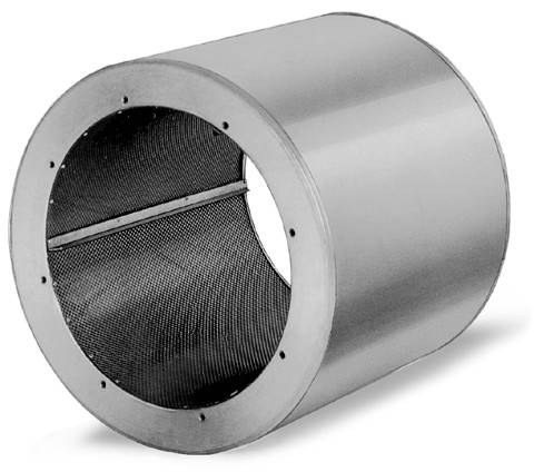 Metalowy cylindryczny element o perforowanej powierzchni, nadający się do zastosowań przemysłowych lub urządzeń mechanicznych.