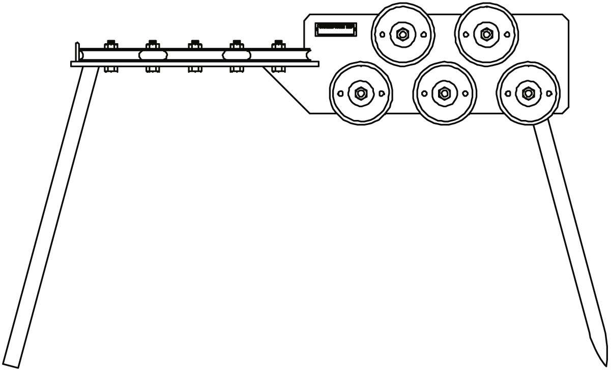 Techniczny rysunek maszyny z wieloma pierścieniami i prętami, prawdopodobnie urządzenia do montażu lub produkcji.