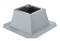 Szary, kwadratowy cokół z tworzywa sztucznego o skośnych bokach i górnym otworze, stosowany do montażu elementów konstrukcyjnych.
