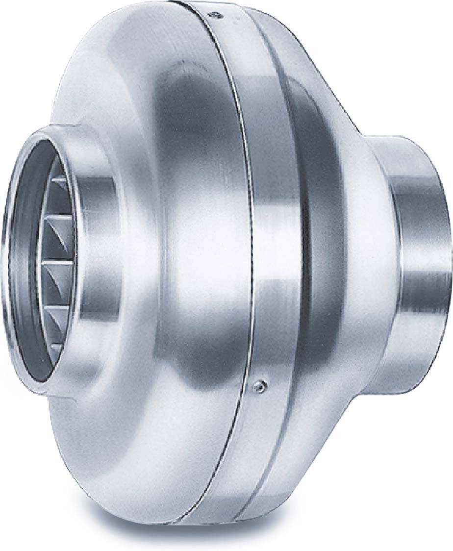 Metalowy wentylator kanałowy z okrągłą obudową i łopatkami wentylacyjnymi. Odpowiedni do instalacji wentylacyjnych.