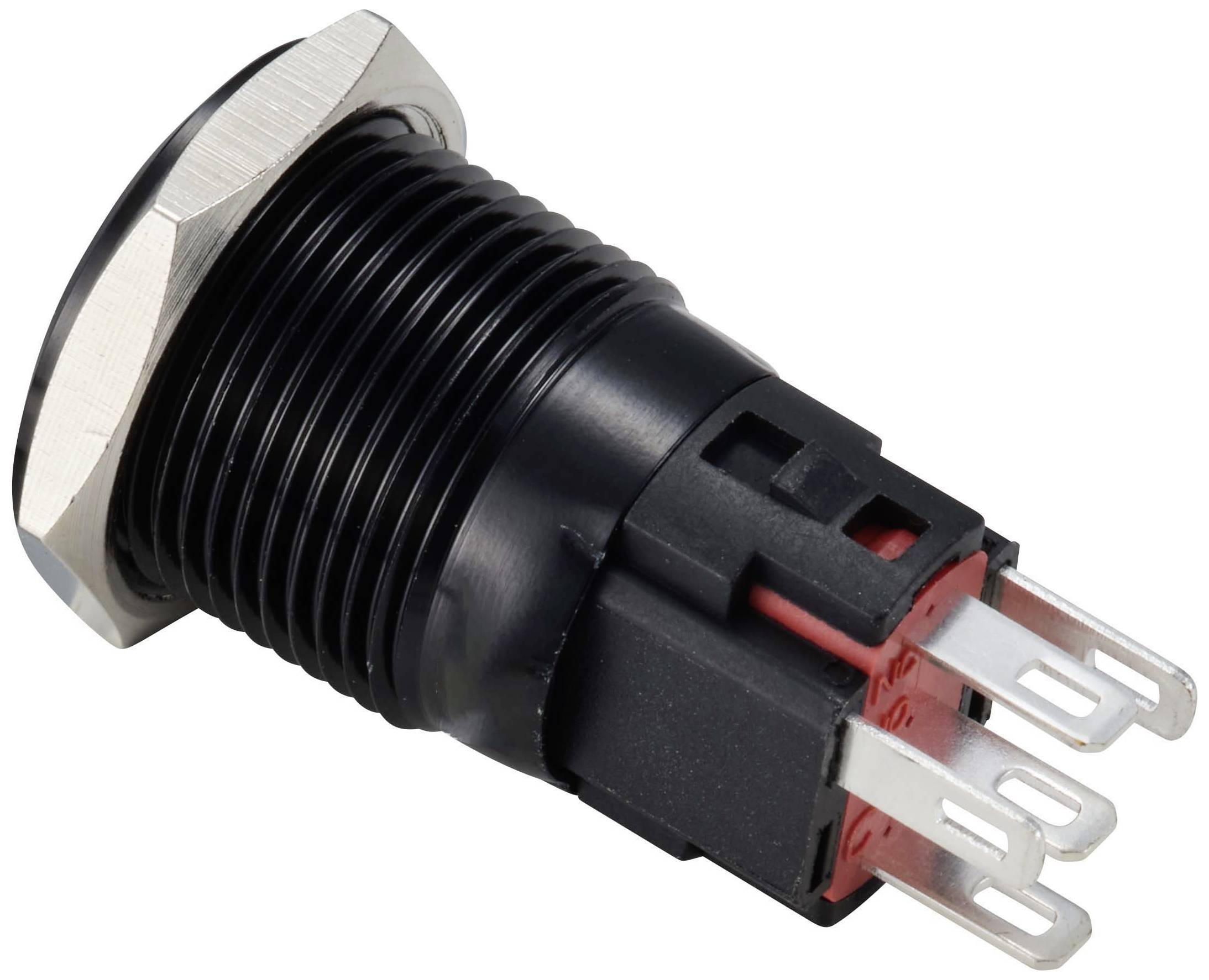 Czarny, cylindryczny przełącznik ciśnieniowy z gwintem metalowym, czerwonymi elementami i trzema metalowymi pinami, przedstawiony w widoku bocznym.