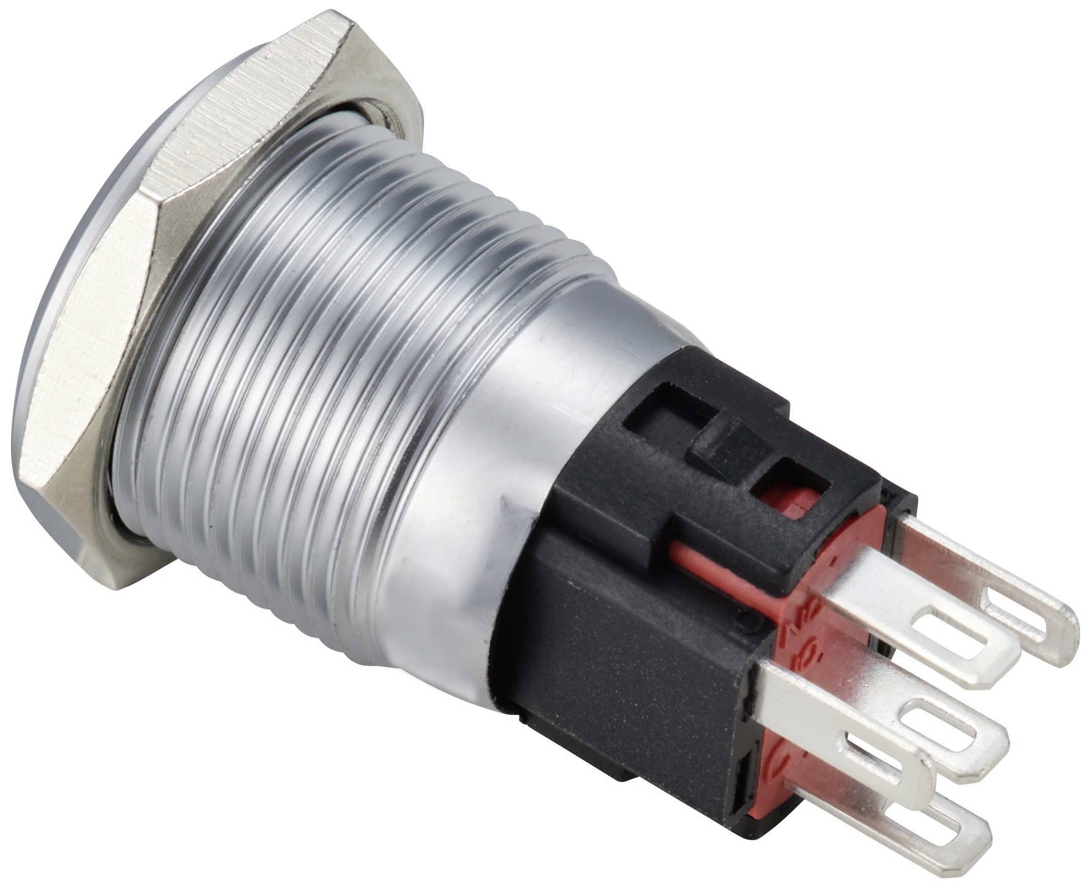 Okrągły, metalowy przycisk z czerwoną obudową z tworzywa sztucznego, wyposażony w kilka pinów przyłączeniowych do podłączenia elektrycznego.