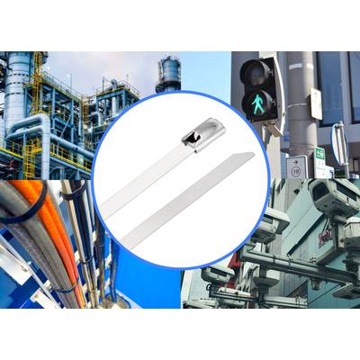 Metalowe opaski kablowe jako centralny element. Instalacje przemysłowe, sygnalizacja świetlna, rurociągi i kamery bezpieczeństwa w tle przedstawiają różne obszary zastosowań.