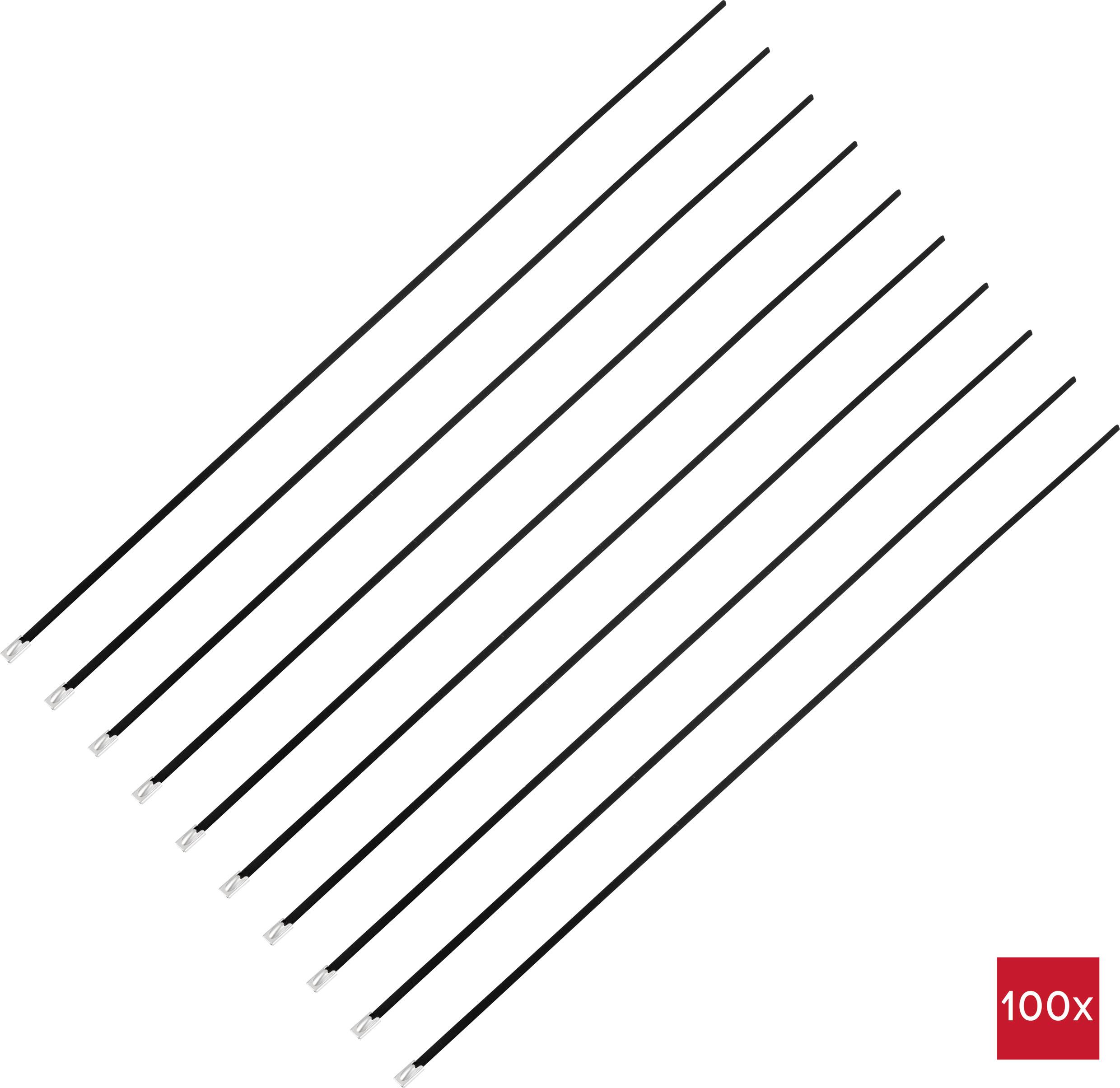 Dziesięć długich, czarnych kabli ułożonych obok siebie na białym tle. U dołu po prawej stronie czerwone pole z napisem '100x'.