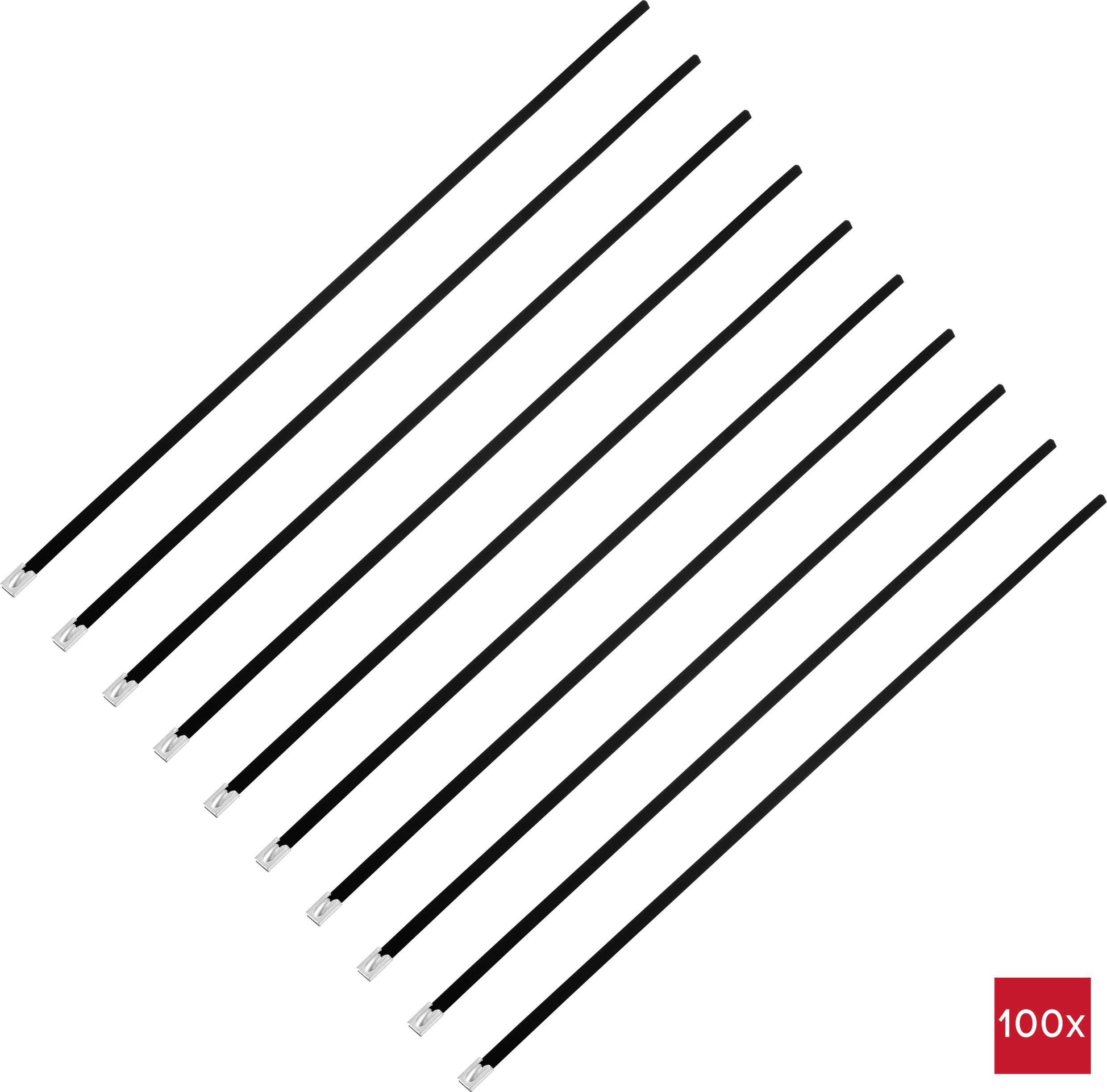 Dziesięć czarnych opasek zaciskowych ułożonych obok siebie w ukośnym wzorze. Na dole po prawej stronie czerwony kwadrat z napisem '100x'.
