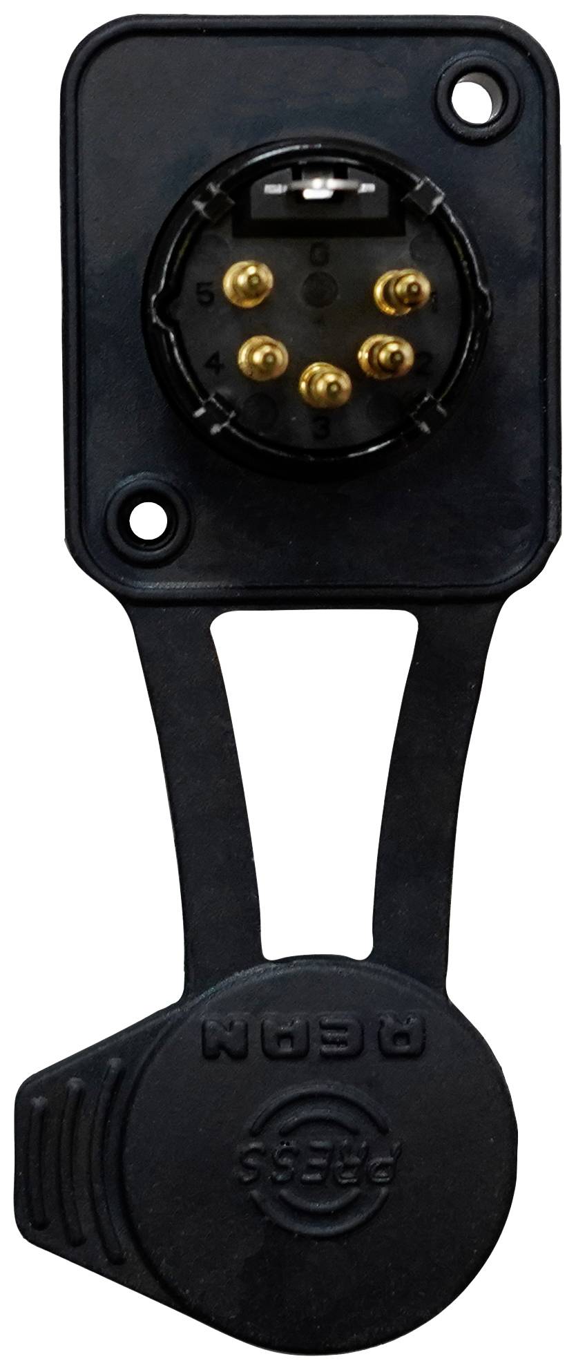 Czarno-złote gniazdo przyczepy z pokrywą, 7-stykowe, służące do podłączenia oświetlenia przyczepy do pojazdu.