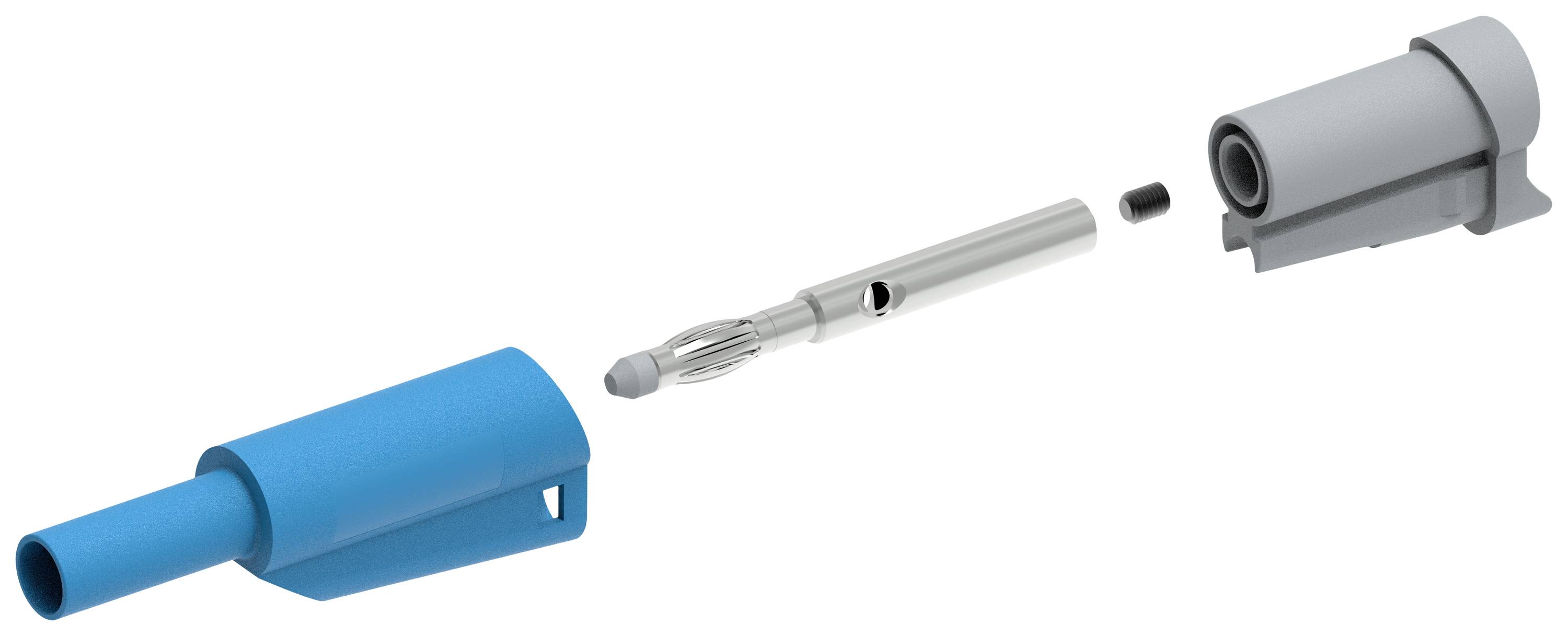 Widok rozłożony złącza w kolorze niebieskim i szarym z metalowym stykiem. Przedstawia rozmieszczenie elementów wewnętrznych.