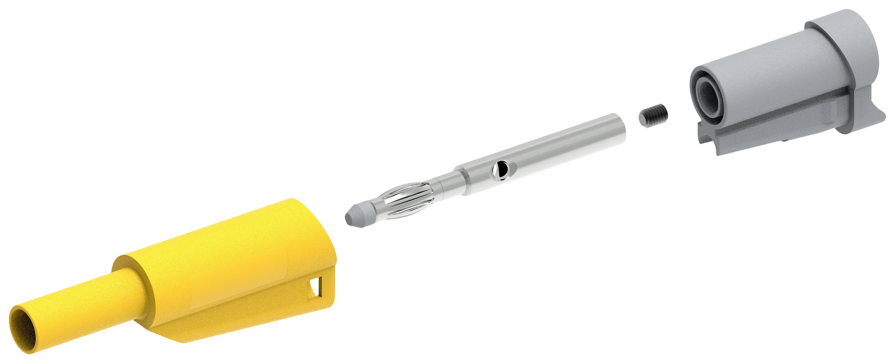 Wybuchowy zespół śrubowy z żółtą i szarą obudową, centralnym rdzeniem metalowym oraz małą czarną częścią, prezentacja komponentów.