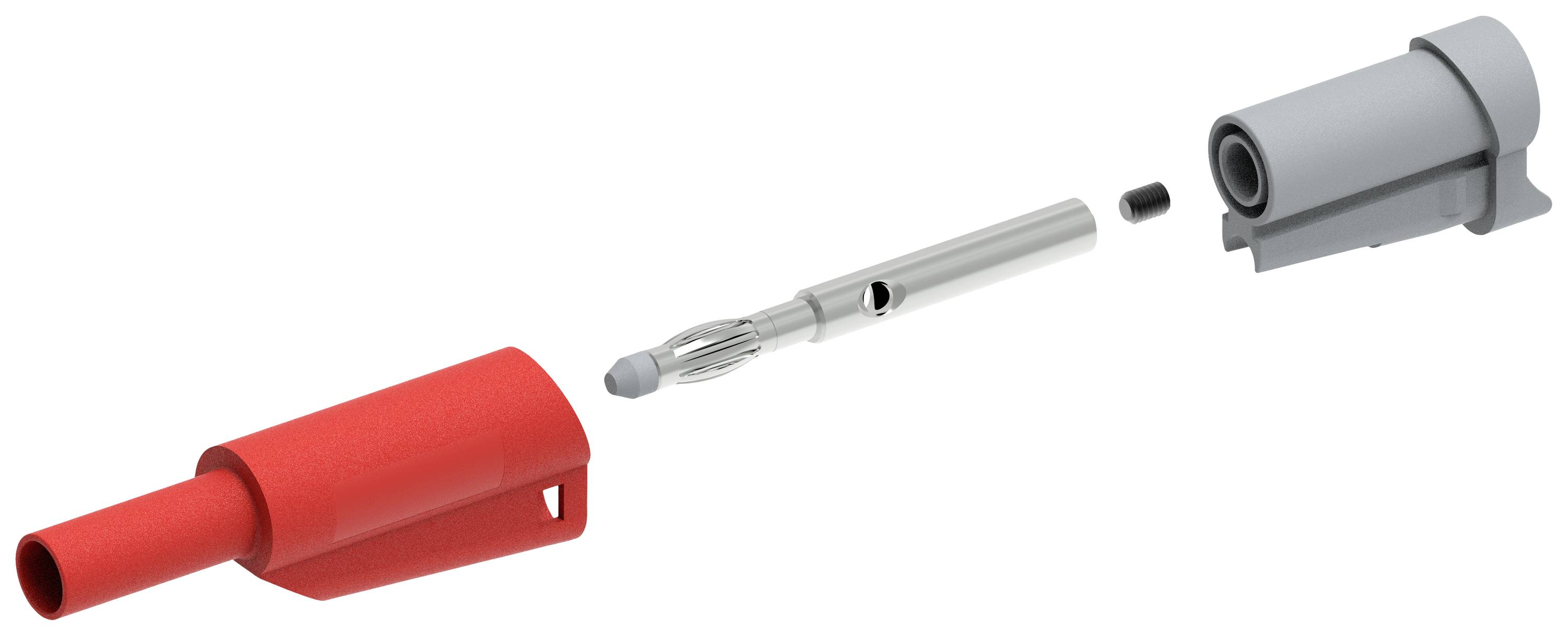 Rysunek rozstrzelony złącza elektrycznego z czerwonymi, szarymi i metalowymi elementami, pokazanymi osobno i obok siebie.