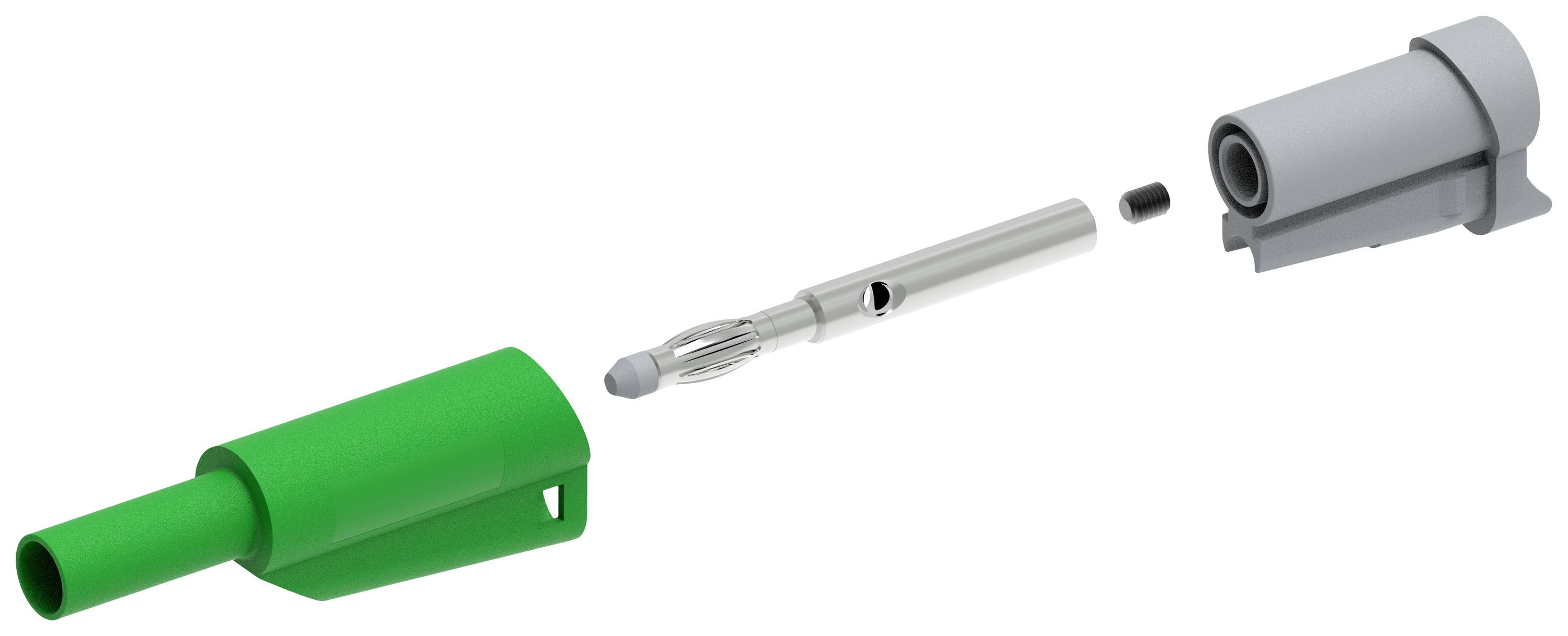 Rozkładalne zielone i szare komponenty plastikowe z elementem metalowym pomiędzy nimi, ukazujące poszczególne części złącza.