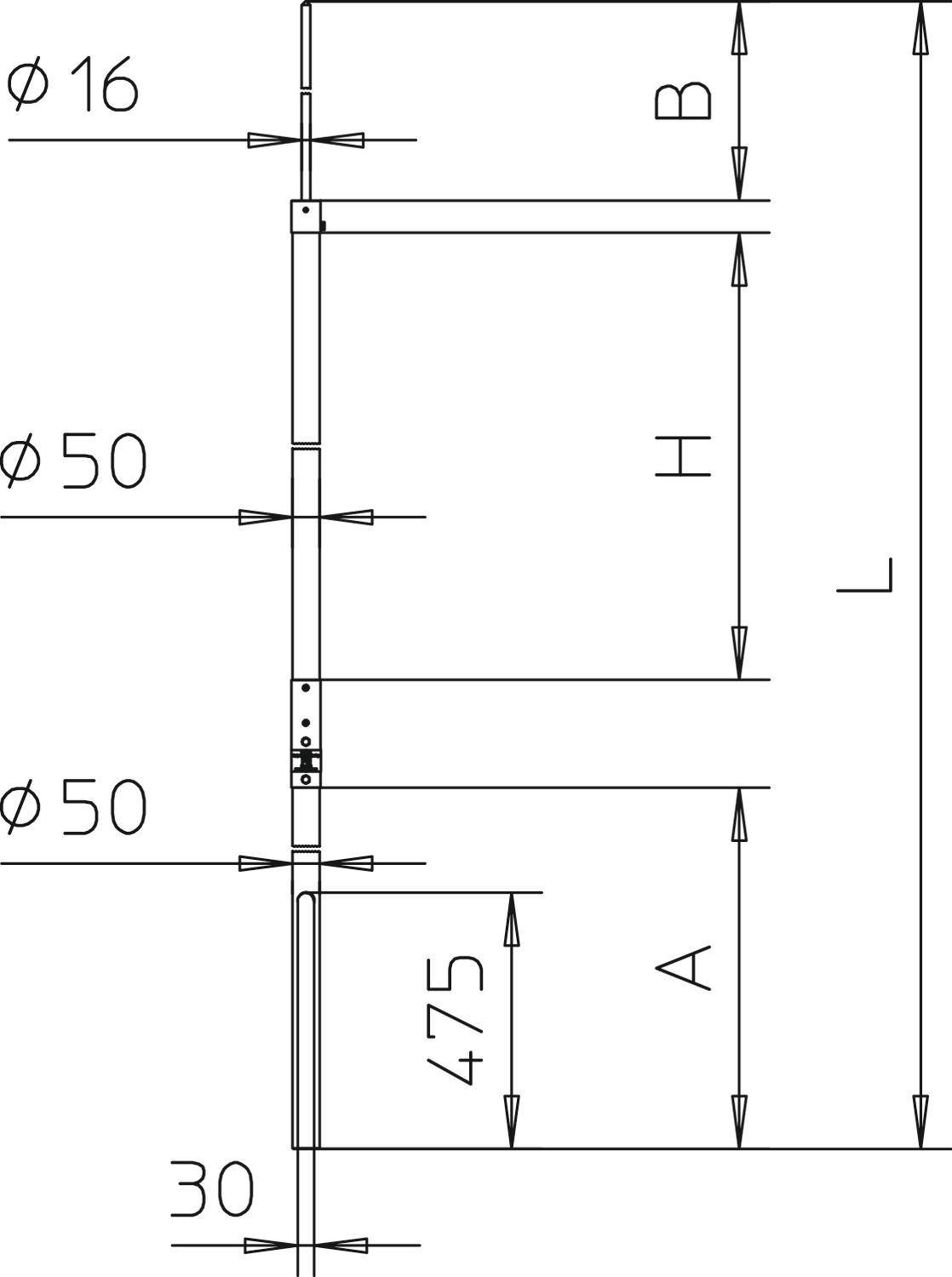 Rysunek techniczny planu. Przedstawia wymiary: średnica 16, 50, wysokości B, H, L oraz A wynoszące 475. Używa strzałek do prezentacji.