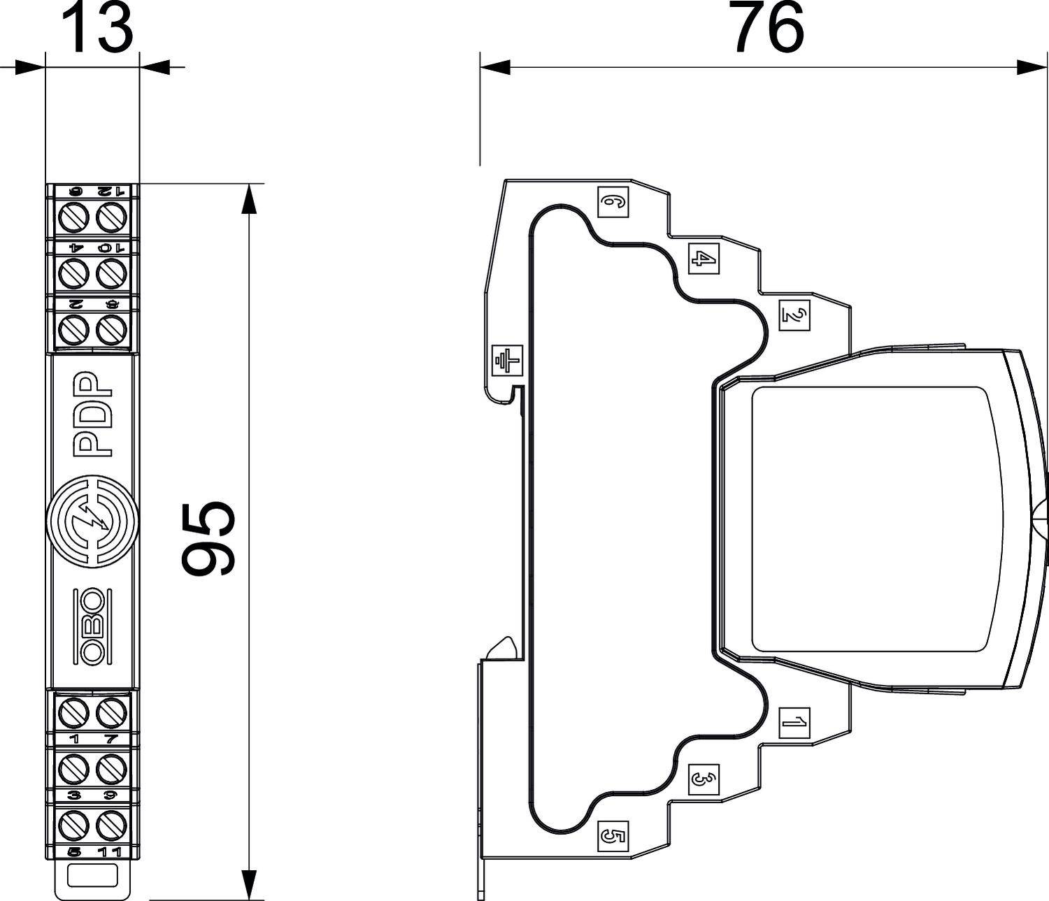 Rysunek techniczny modułu elektronicznego z wymiarami: wysokość 95 mm, szerokość 13 mm, głębokość 76 mm. Moduł z przyłączami od góry.