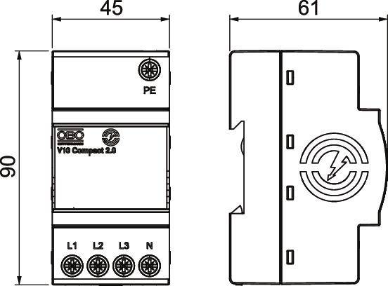 Urządzenie ochrony przeciwprzepięciowej 'V10 Compact 2.0', widok z przodu i z boku z wymiarami: wysokość 90 mm, szerokość 45 mm po lewej stronie, 61 mm po prawej stronie. Złącza: L1, L2, L3, N, PE.