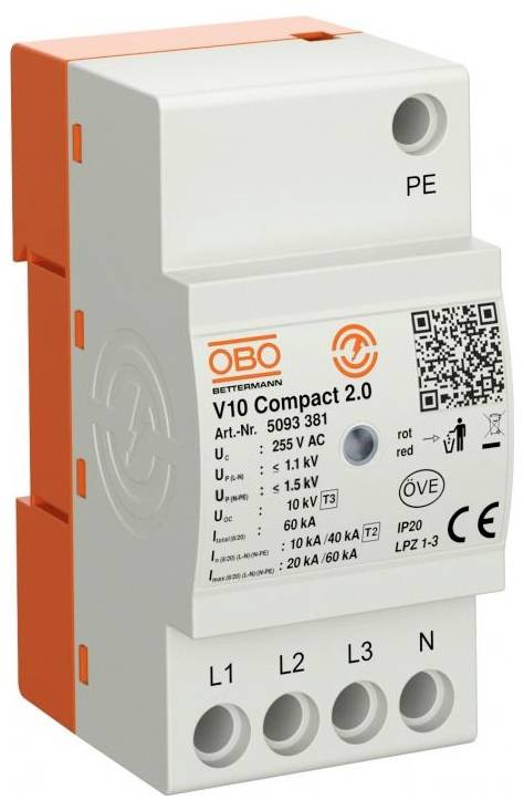 Urządzenie ochrony przeciwprzepięciowej oznaczone etykietą 'OBO Bettermann V10 Compact 2.0' z parametrami wejściowymi i kodem QR, wyposażone w obudowę w kolorach czerwonym i białym.