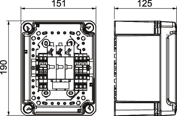 Rysunek techniczny urządzenia elektrycznego z wymiarami: 190 mm wysokości, 151 mm szerokości (z lewej) oraz 125 mm głębokości (z prawej).