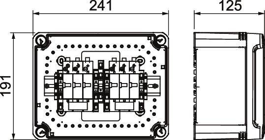 Rysunek techniczny prostokątnej obudowy z dwoma przełącznikami umieszczonymi pośrodku. Wymiary: wysokość 191, szerokość 241, głębokość 125.