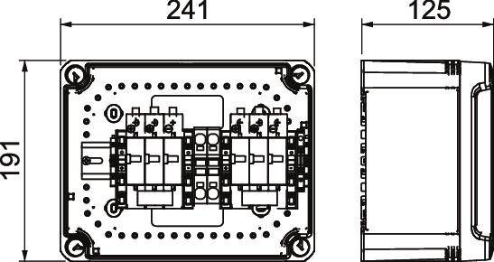Rysunek techniczny elektrycznego przełącznika o wymiarach 241x125 mm. Szczegółowy widok elementów przełącznika i obudowy.