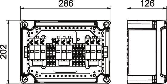 Rysunek prostokątnego przełącznika elektrycznego o wymiarach: 286 x 202 x 126 mm. Przedstawia komponenty wewnętrzne oraz punkty przyłączeniowe.