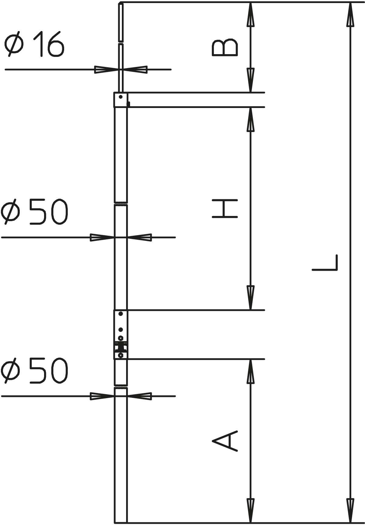 Rysunek techniczny rury z czterema segmentami. Zawiera oznaczenia: średnica 16 i 50 oraz długości A, B, H, L.