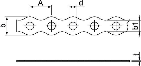 Rysunek techniczny metalowej listwy z otworami. Wymiary: A, b, b1, d oraz t są podane. Widok z boku poniżej przedstawia grubość.