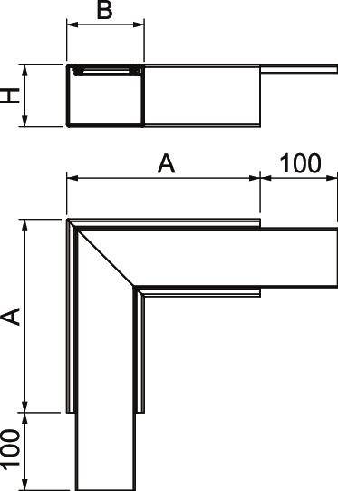 Rysunek techniczny kątownika w kształcie litery L. Widok z góry przedstawia wymiary: szerokość (B), wysokość (H), długość (A), każdy oznaczony na 100 mm.