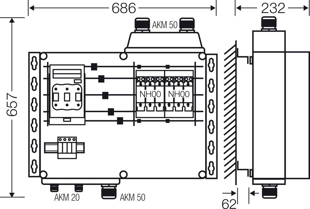 Rysunek techniczny elektrycznej skrzynki rozdzielczej o wymiarach: 686 x 657 x 232 mm; przedstawiający podłączenia i bezpieczniki.