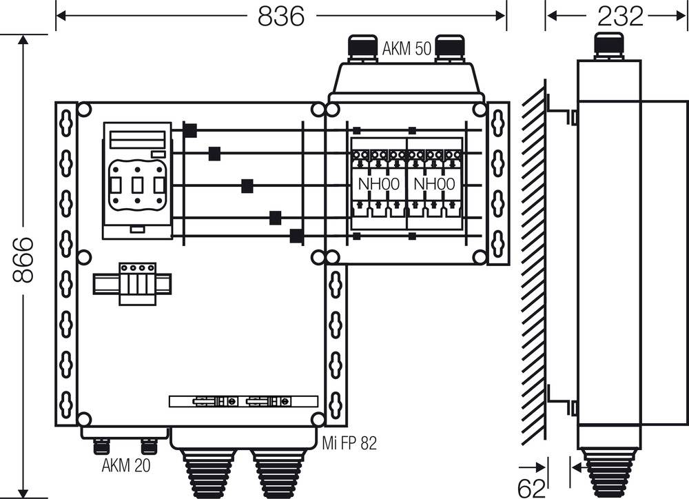 Rysunek techniczny obudowy elektrycznej o wymiarach 836x866x232 mm, przedstawiający podłączenia, przełączniki i szczegóły instalacji elektrycznej.