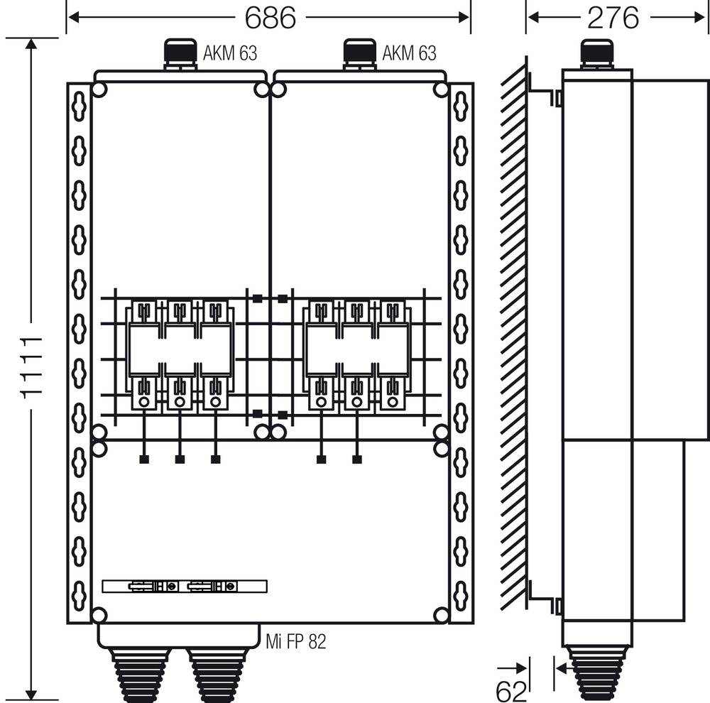 'Schemat elektrycznego urządzenia z dwoma jednostkami AKM 63. Wymiary: wysokość 1111 mm, szerokość 686 mm, głębokość 276 mm.'