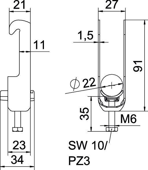 Rysunek techniczny elementu z wymiarami: wysokość 91 mm, szerokość 27 mm, głębokość 34 mm. Rozmiar śruby M6, klucz do śrub SW 10/PZ3.