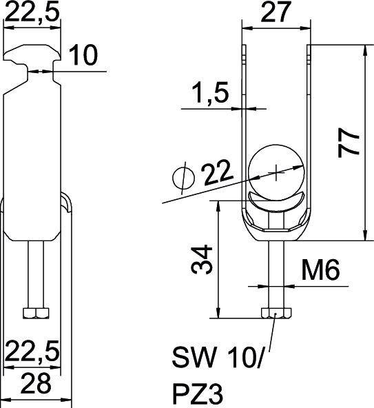 Rysunek techniczny wspornika z wymiarami: wysokość 77 mm, szerokość 27 mm, grubość trzpienia 22 mm. Rozmiar śruby M6, klucz 10/PZ3.