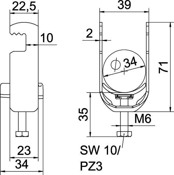 Rysunek techniczny elementu mechanicznego z wymiarami: 22,5 mm szerokości, 71 mm wysokości. Szczegóły jak śruba M6, SW 10/PZ3.