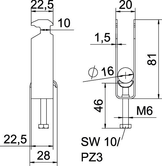 Rysunek techniczny okucia metalowego z wymiarami: szerokość 22,5 mm, wysokość 81 mm, gwint M6. Rozmiar klucza SW 10/PZ3.