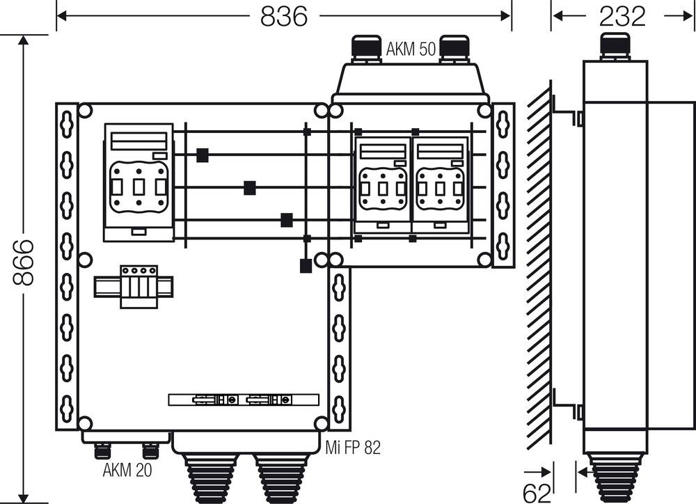 Rysunek techniczny szafy elektrycznej o wymiarach: 836 x 866 x 232 mm. Prezentacja przedstawia kable połączeniowe i komponenty.