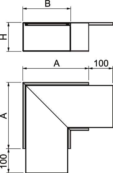 Rysunek techniczny kształtownika metalowego w kształcie litery L. Części boczne mierzą po 100 jednostek, z wymiarami A, B oraz H.