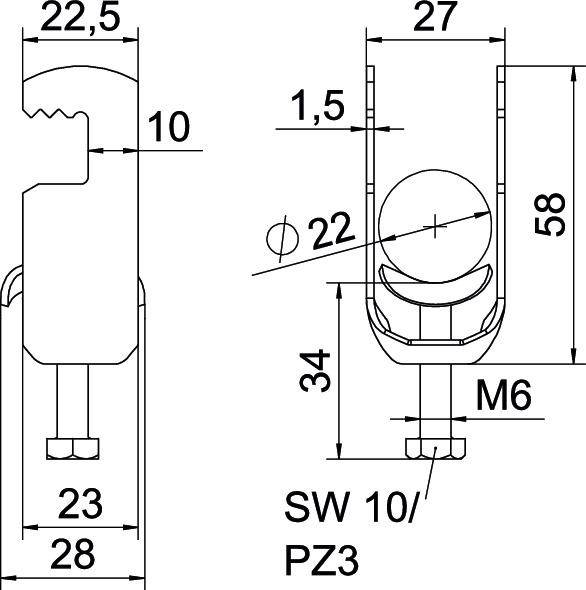 Rysunek techniczny elementu z wymiarami w milimetrach. Przedstawia długości, średnice, rozmiar śruby M6 oraz szerokość klucza SW 10/PZ3.