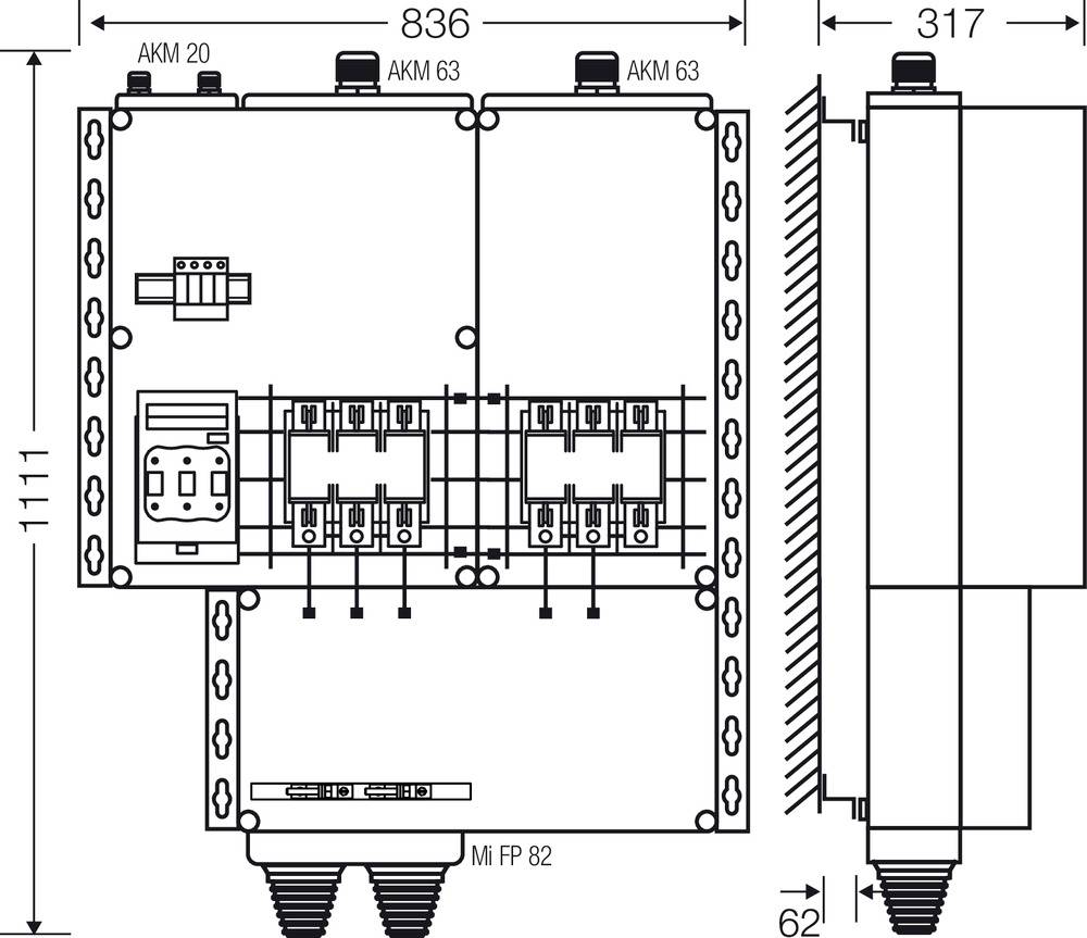Rysunek techniczny urządzenia elektrycznego z wymiarami i przyłączami. Przedstawia widok z przodu, z boku i z góry z oznaczeniami.