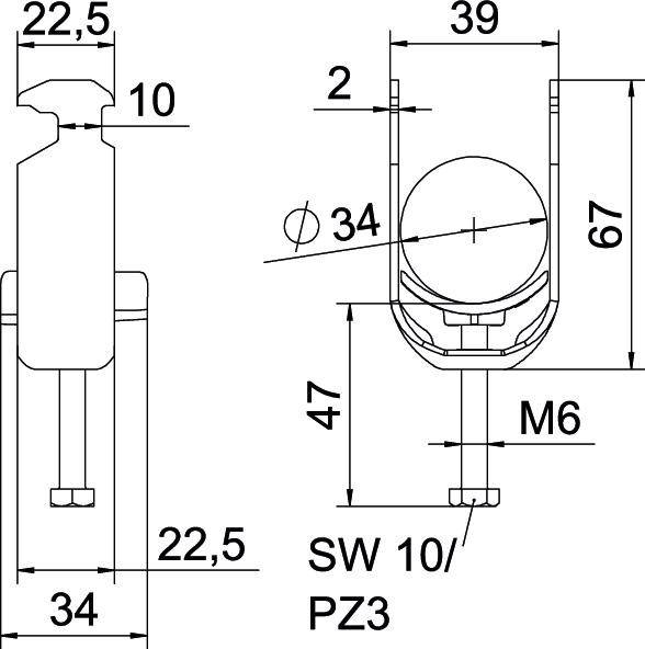 Rysunek techniczny elementu mocującego z wymiarami: wysokość 67 mm, szerokość 39 mm, średnica otworu 34 mm, śruba M6, szerokość klucza SW 10/PZ3.