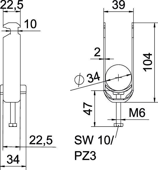 Rysunek techniczny części z wymiarami: 22,5 mm, 39 mm, 104 mm. Zawiera oznaczenia M6, SW 10/PZ3. Widok z góry i widok z boku.