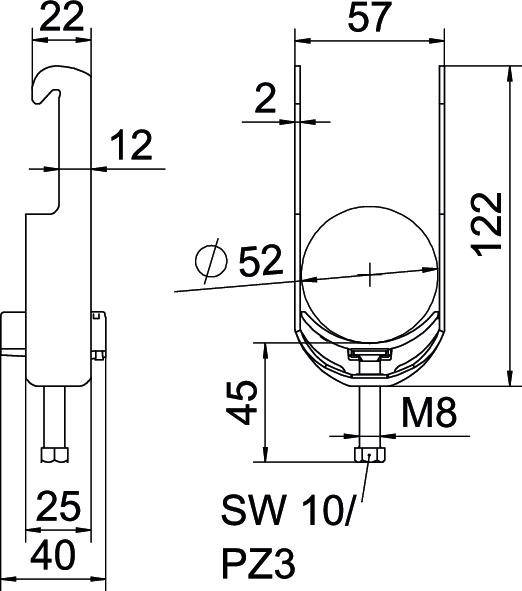 Rysunek techniczny uchwytu z wymiarami: wysokość 122 mm, szerokość 57 mm, średnica otworu 52 mm. Śruba M8, rozmiar klucza SW 10/PZ3.