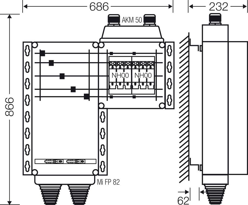 Rysunek techniczny szafy sterowniczej o wymiarach: 686 x 868 mm. Przedstawia komponenty elektryczne, bezpieczniki (NH00) oraz podłączenia.