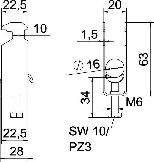Rysunek techniczny elementu. Wymiary i odległości: wysokość 63 mm, szerokość 22,5 mm, łeb śruby SW 10/PZ3, gwint M6.